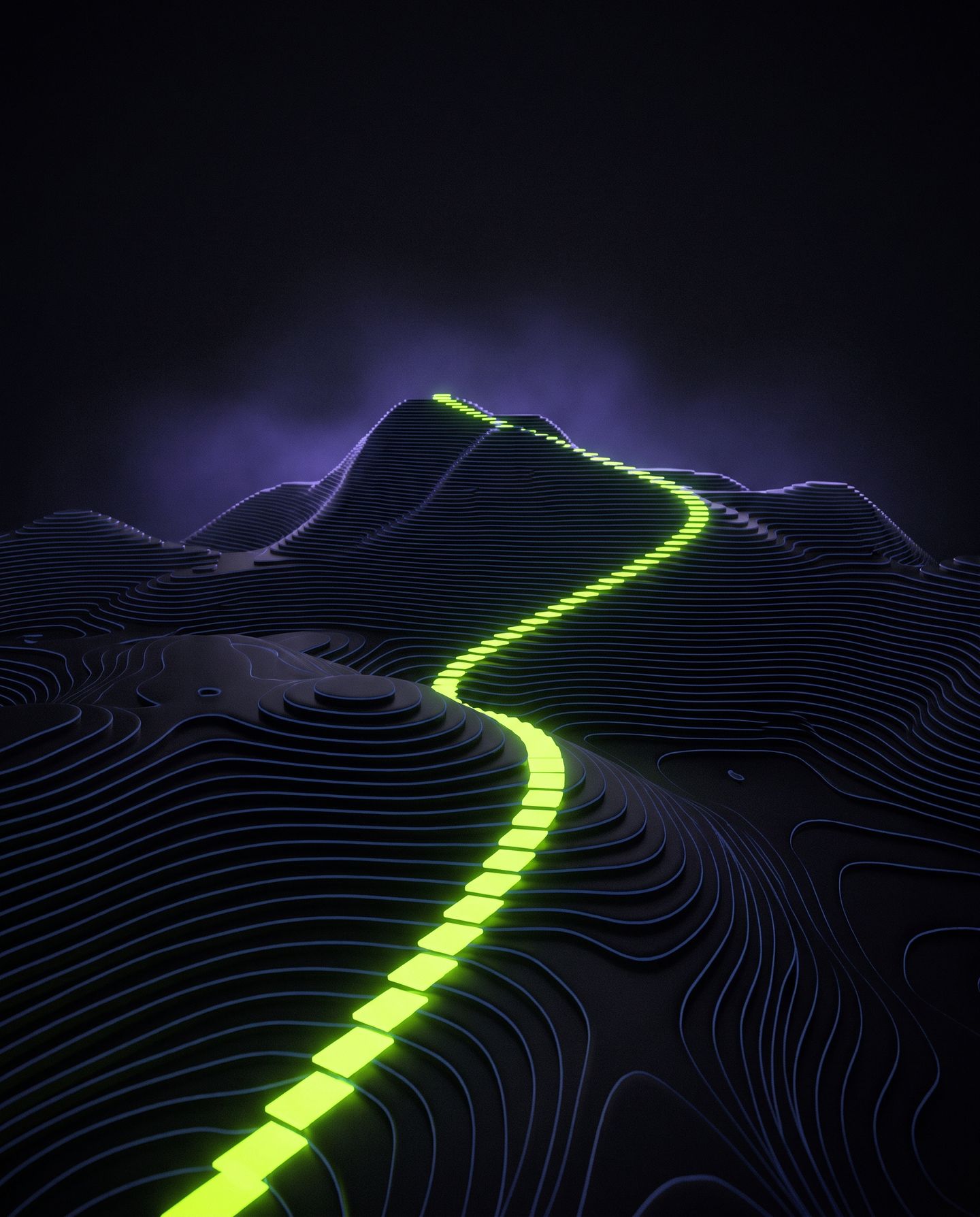 SEO door Webletica: donker topografisch landschap met een limegroen lichtpad naar de top